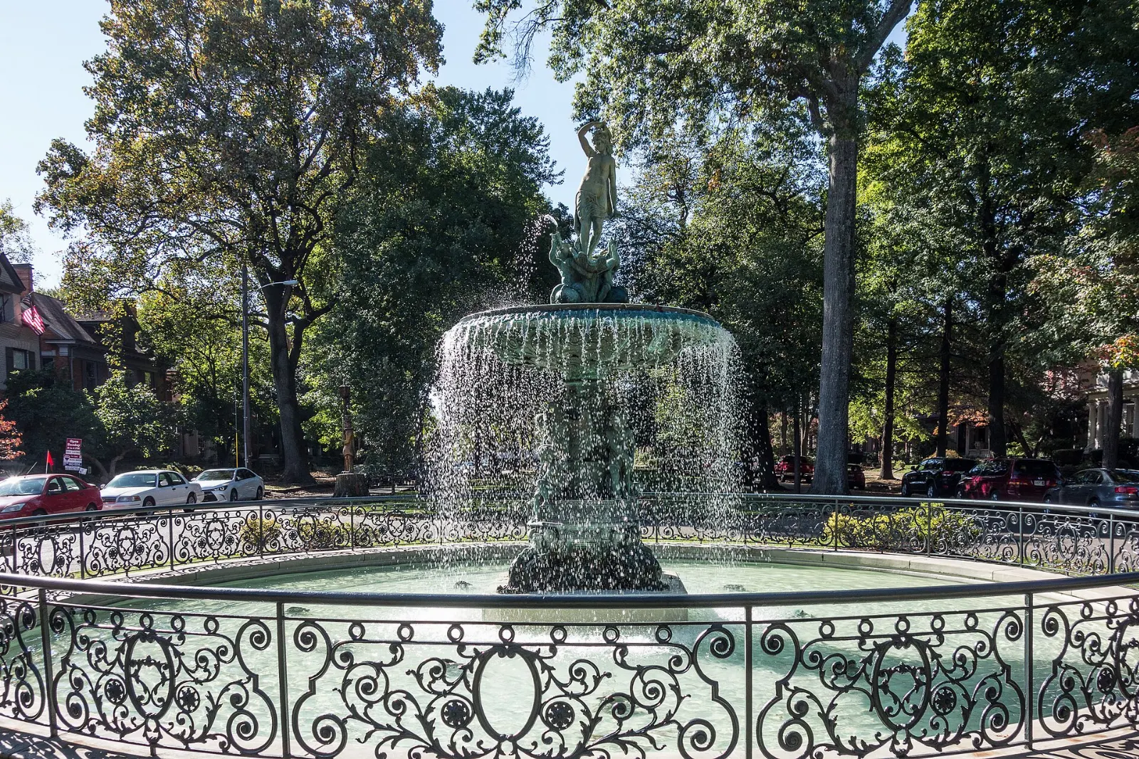 Victorian mansions around the fountain on St. James Court in Old Louisville, Kentucky