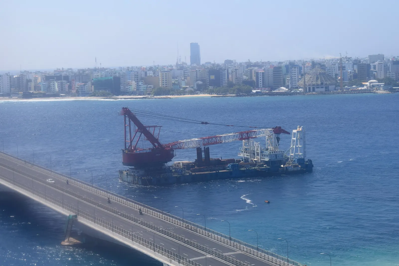 Long cable-stayed bridge crossing the sea between Malé and Hulhulé island, Maldives