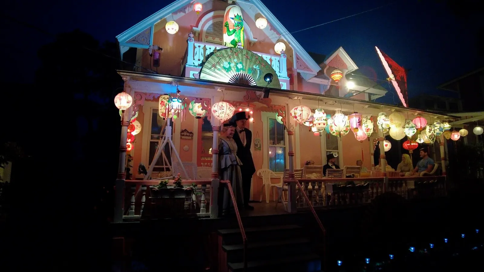 Brightly painted gingerbread cottages with ornate trim in the Oak Bluffs Campground, Martha's Vineyard, Massachusetts