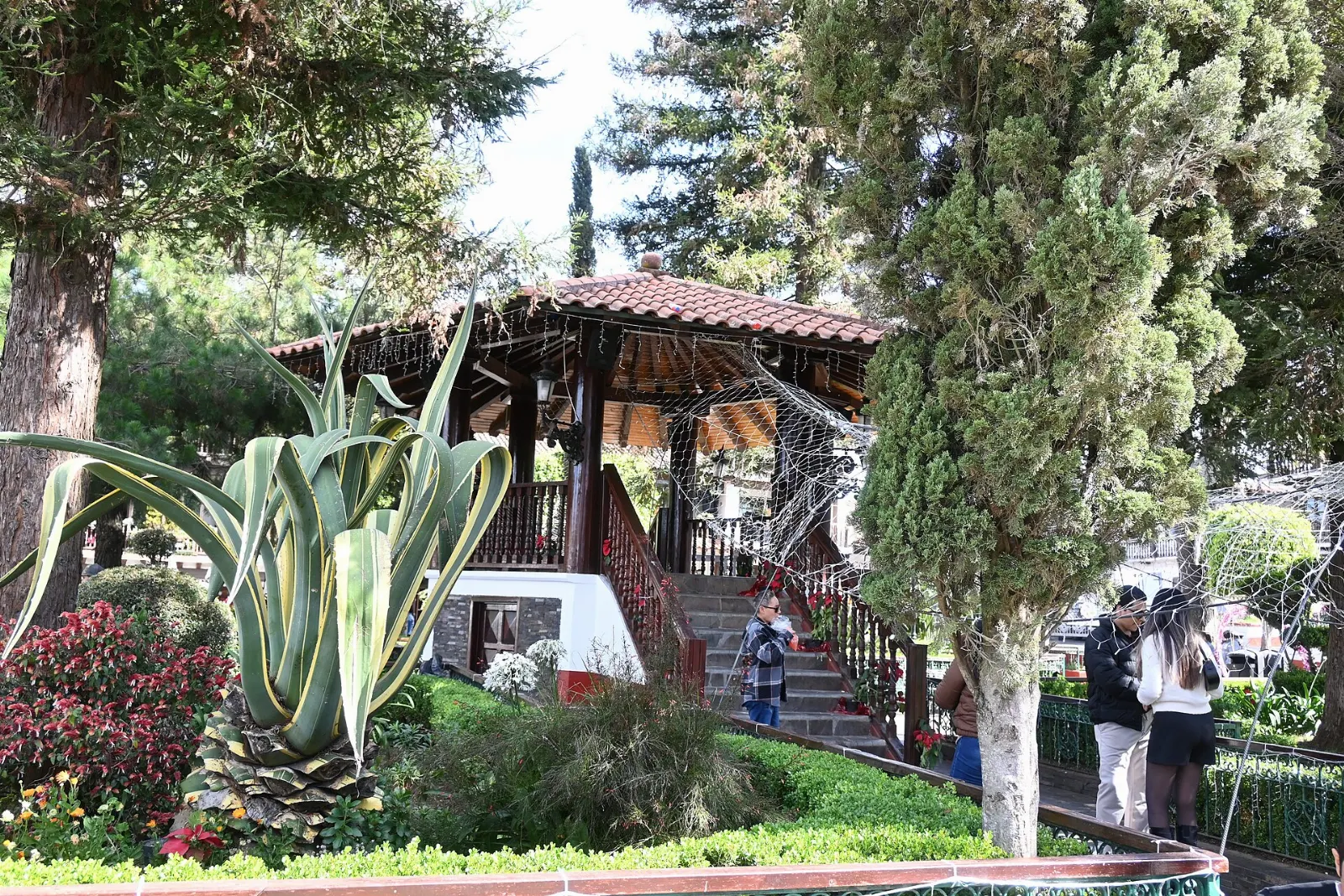 Main plaza of Mazamitla with trees, benches and a bandstand, Jalisco