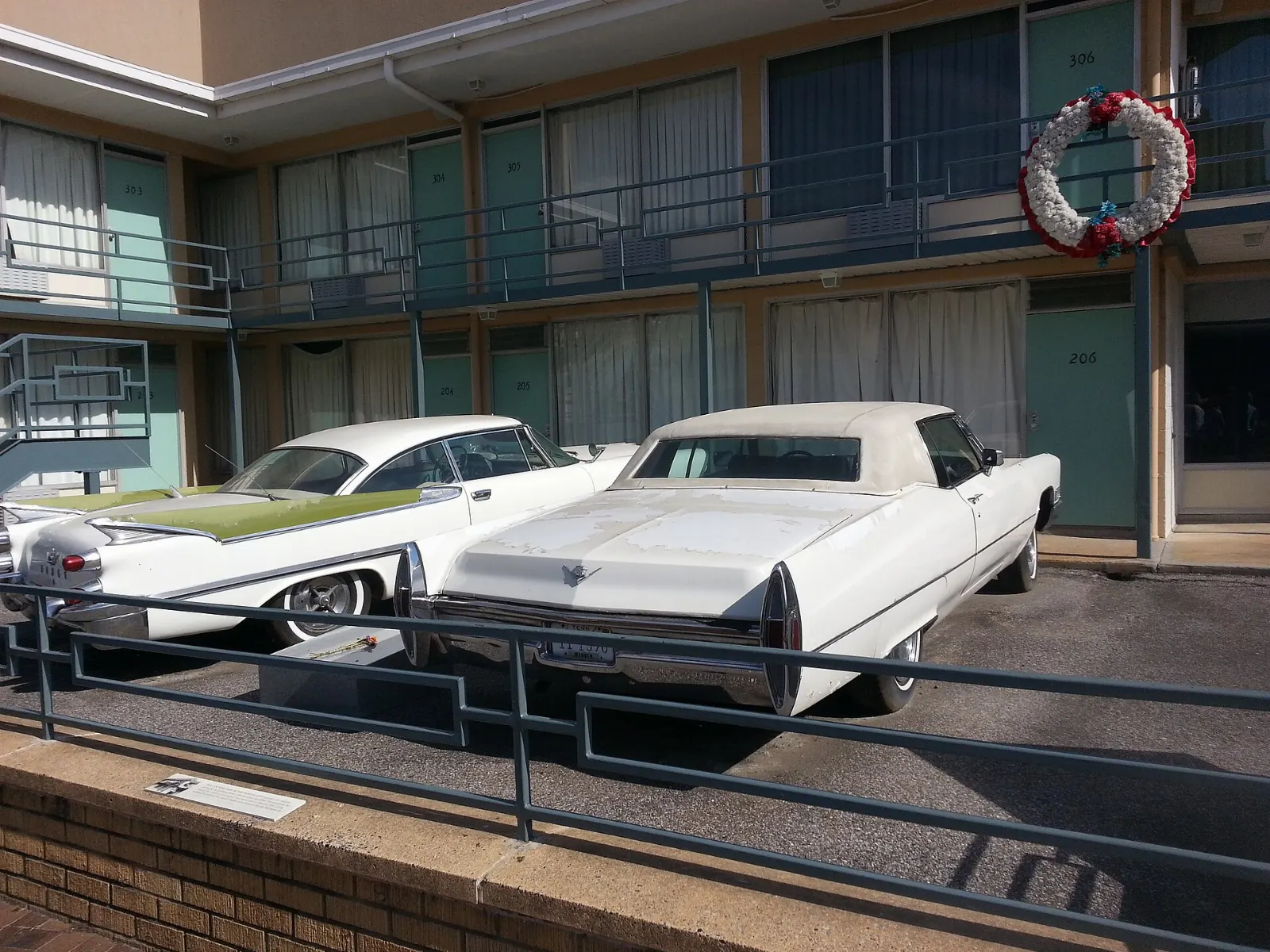 Turquoise doors and the preserved sign of the Lorraine Motel at the National Civil Rights Museum, Memphis, Tennessee