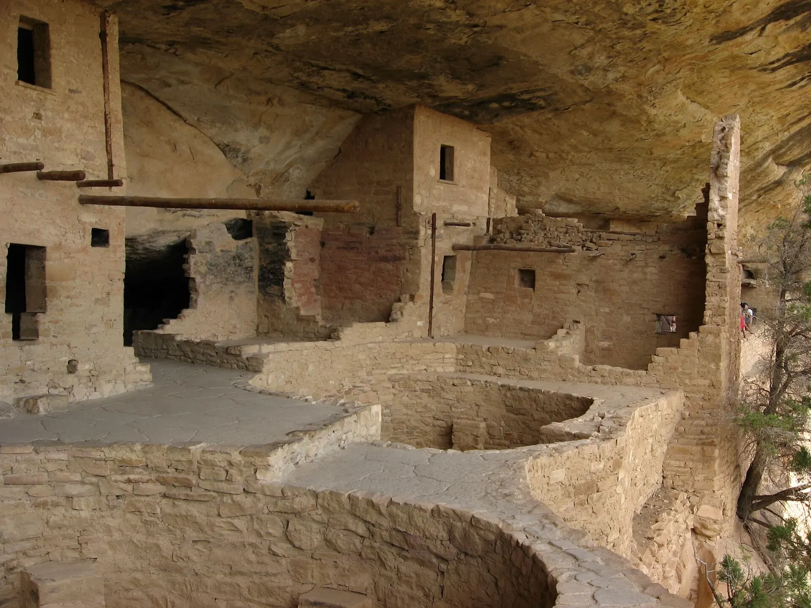 Stone rooms and a wooden ladder at Balcony House, Mesa Verde National Park, Colorado