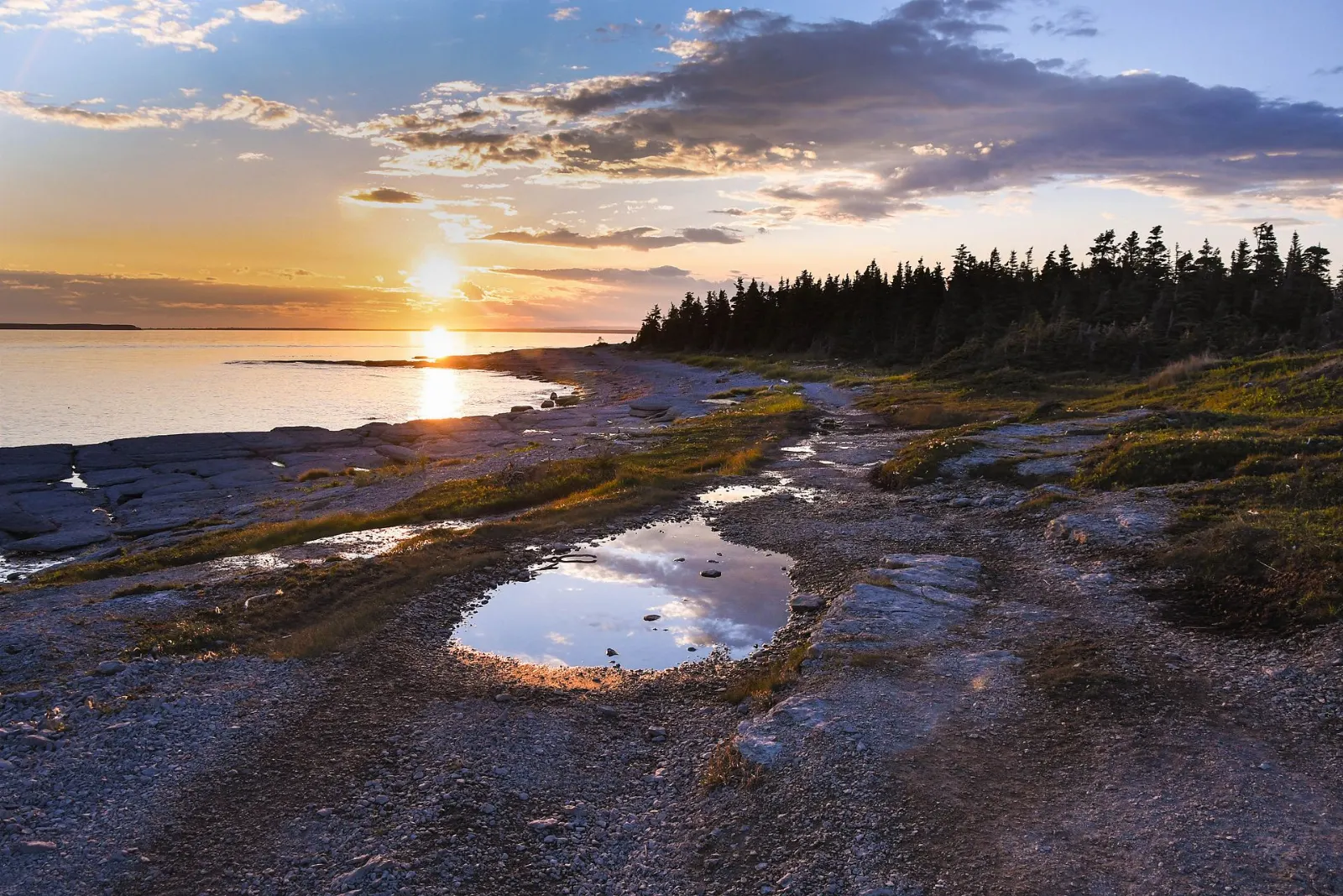 Evening light over islands in the Gulf of St. Lawrence off the Quebec North Shore, Mingan Archipelago National Park Reserve, Quebec