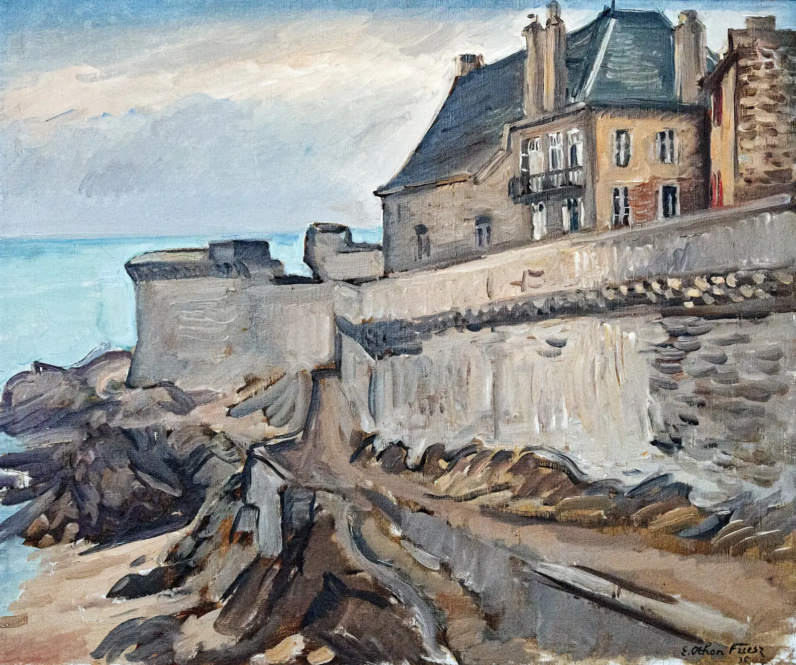 The walled old town of Saint-Malo with granite houses behind its ramparts above the beach, Mont-Saint-Michel, France