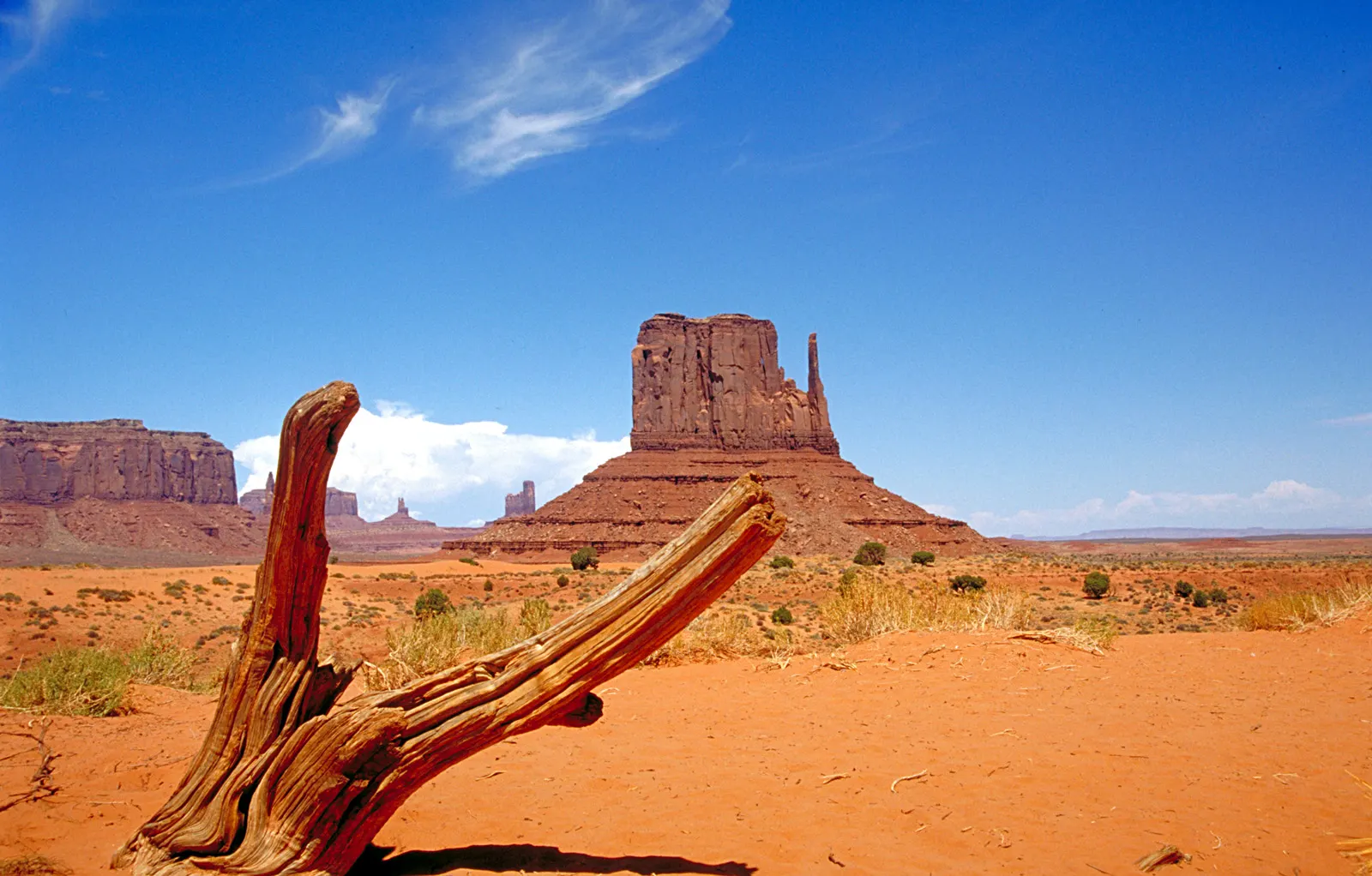 Close view of the sandstone West Mitten Butte above sandy desert scrub, Monument Valley, Arizona and Utah