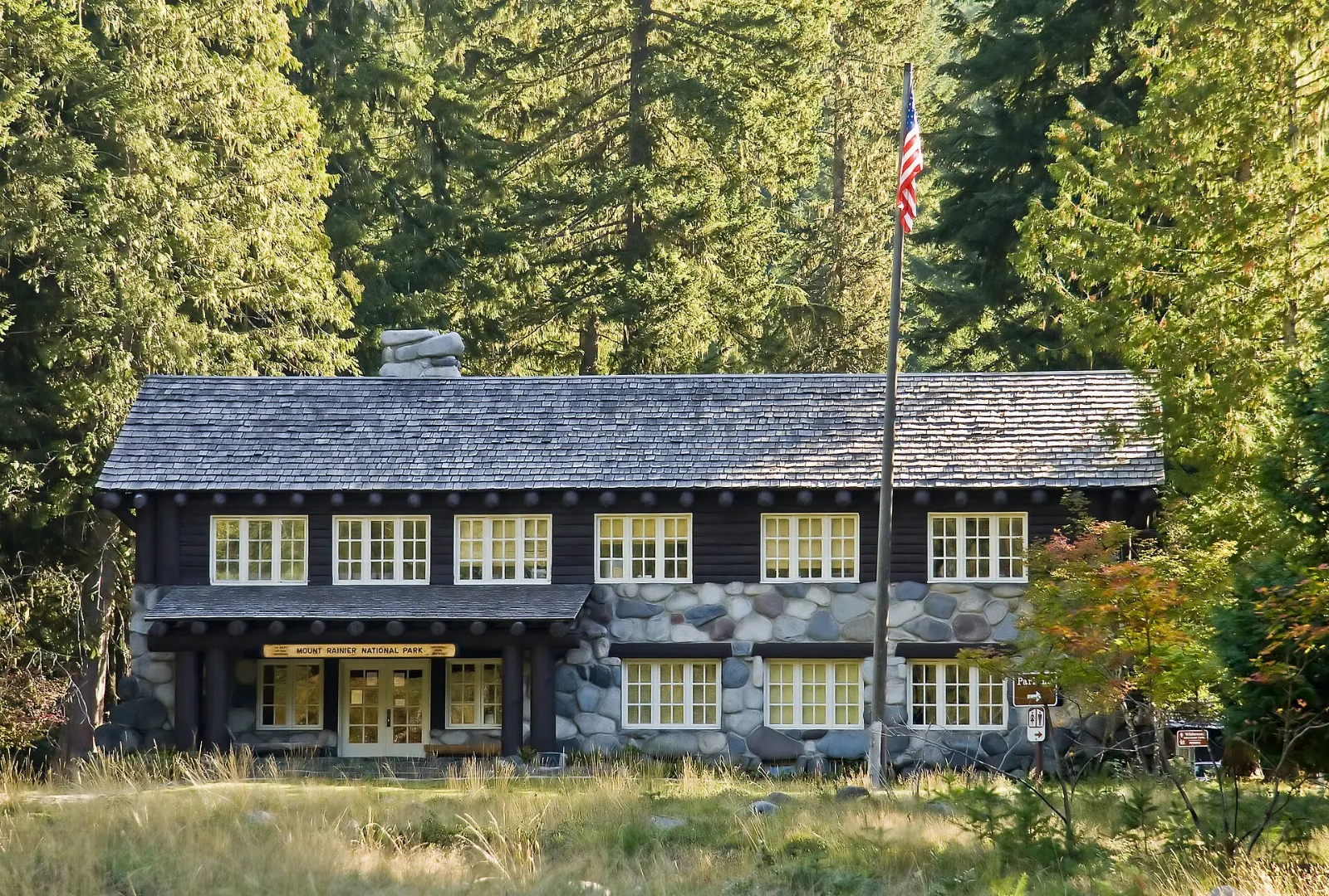 Rustic log and stone buildings in the forest at Longmire, Mount Rainier National Park, Washington