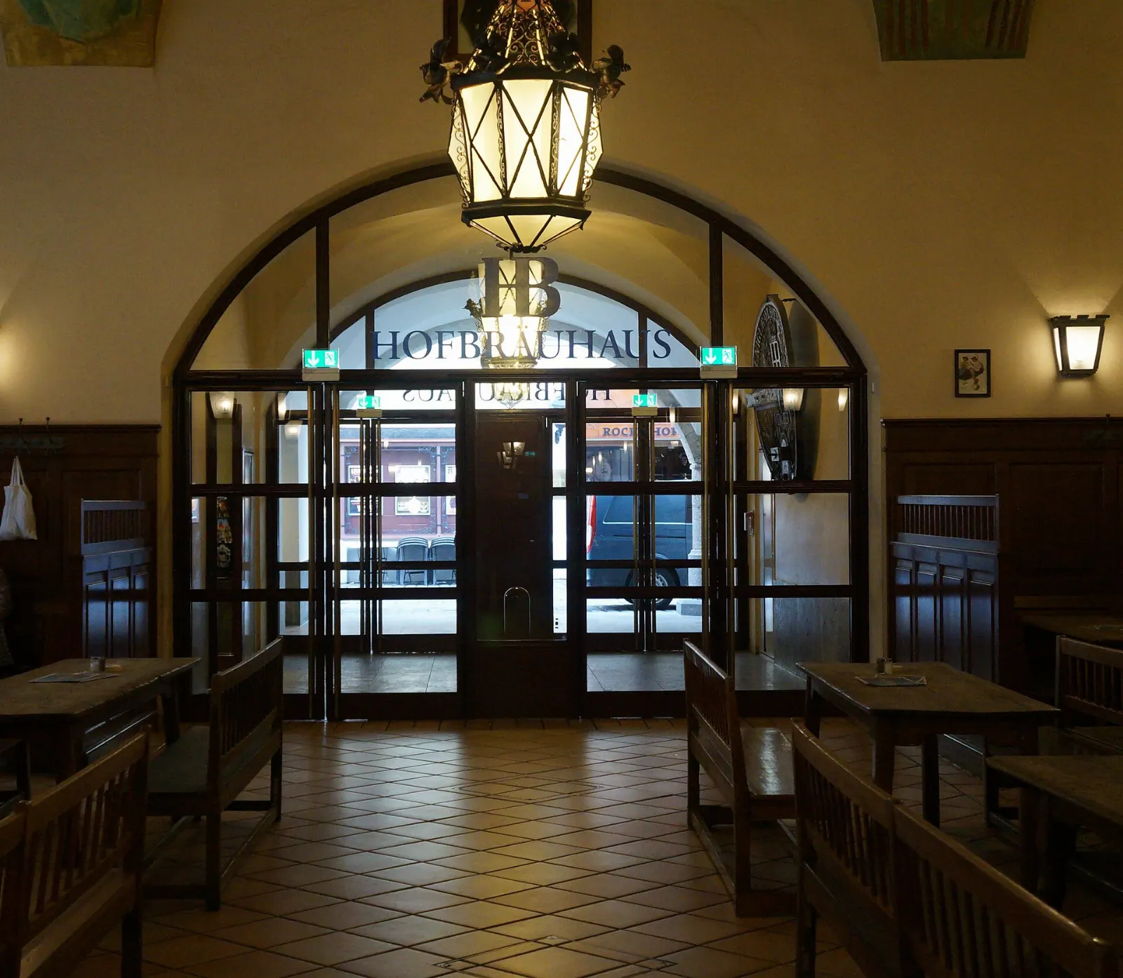 The arched beer hall of the Hofbräuhaus with long wooden tables, Munich, Germany