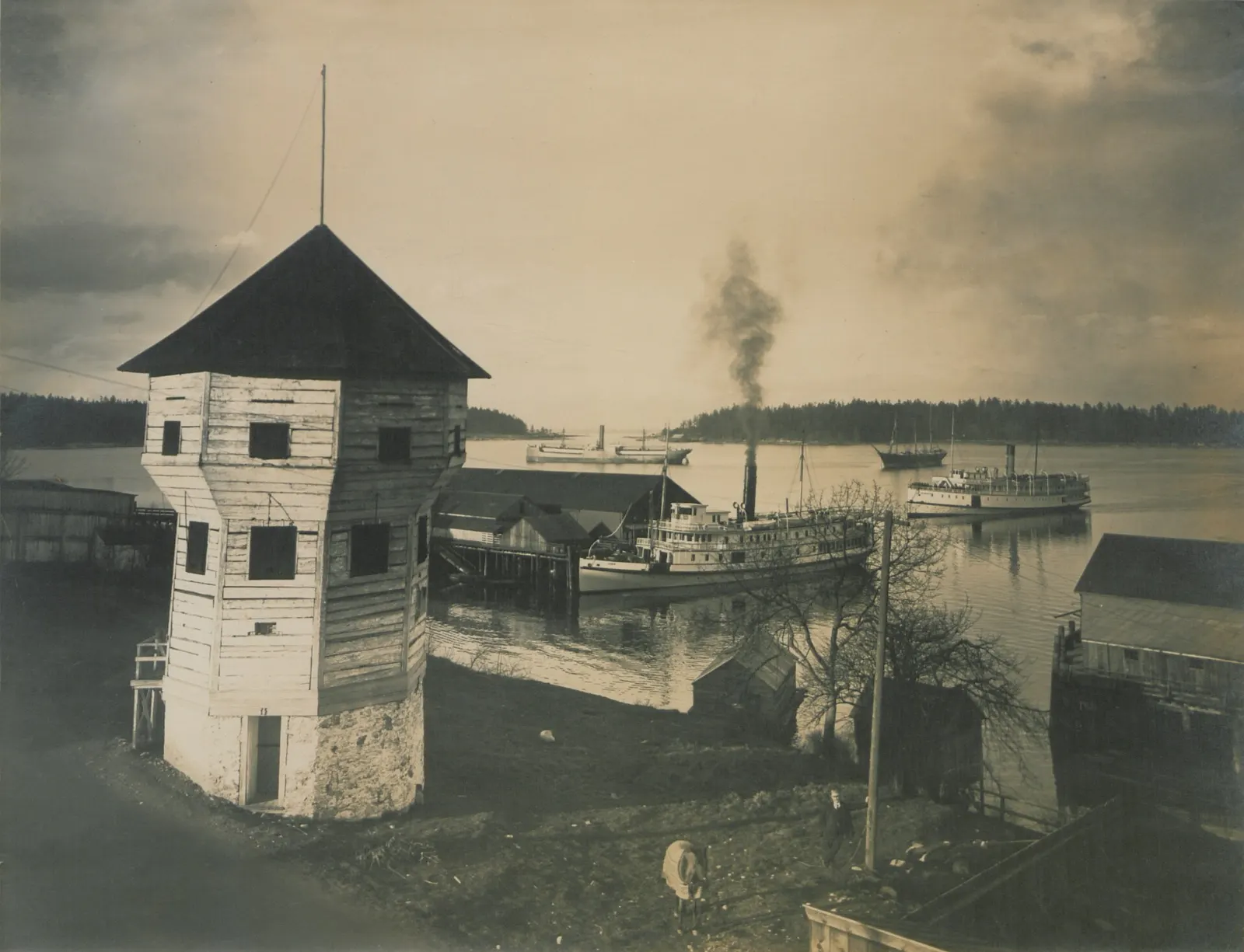 The white wooden Nanaimo Bastion beside the harbour, British Columbia