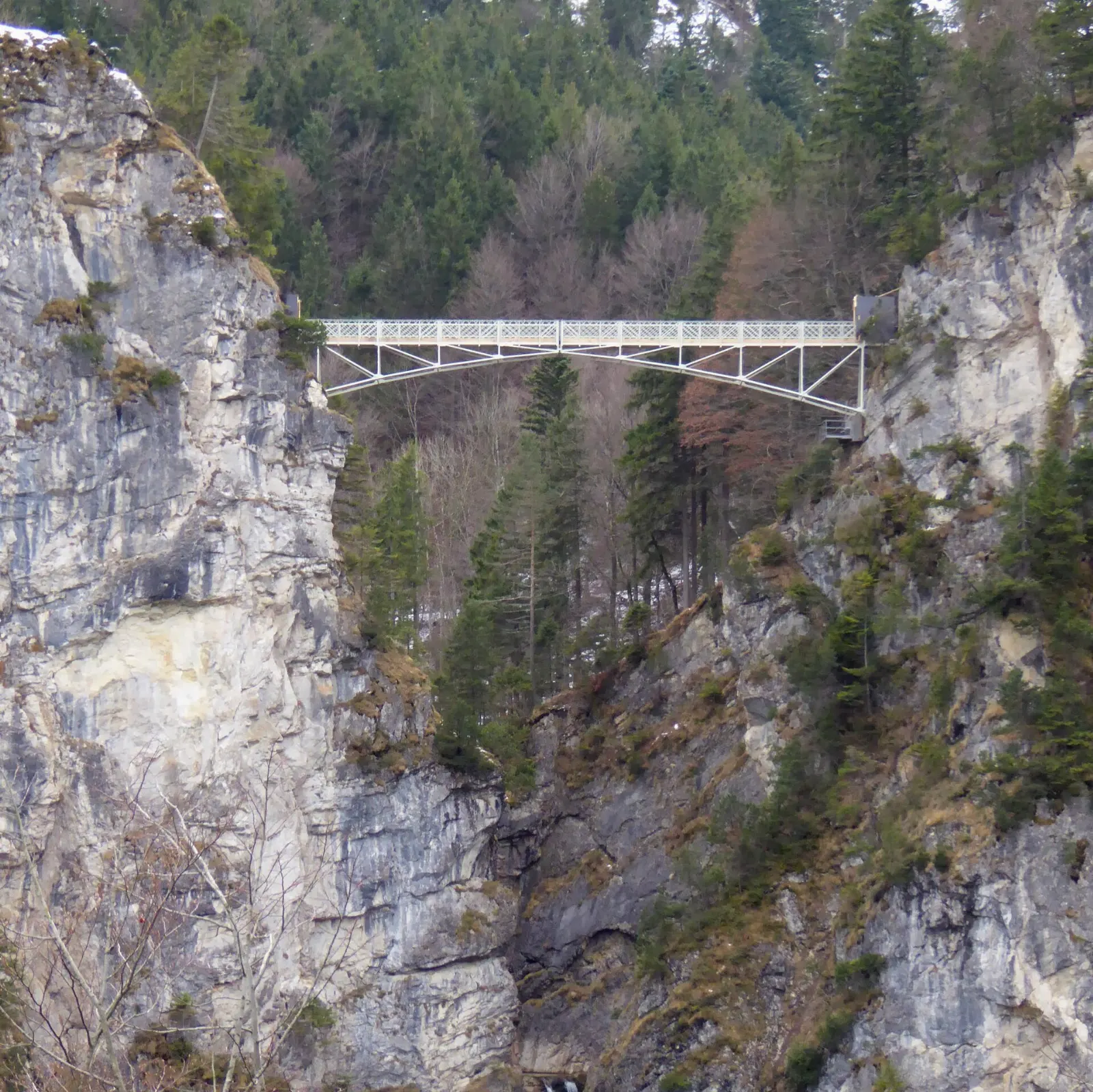 The iron Marienbrücke footbridge spanning the deep, wooded Pöllat gorge, Neuschwanstein and Füssen, Germany