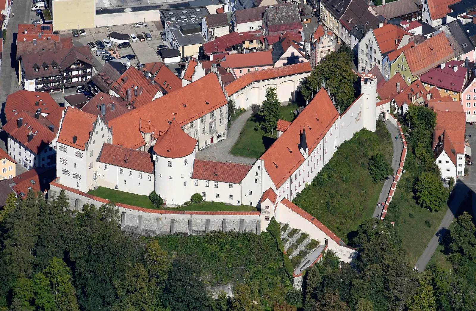 The Hohes Schloss in Füssen with its towers and painted facades above the old town roofs, Neuschwanstein and Füssen, Germany