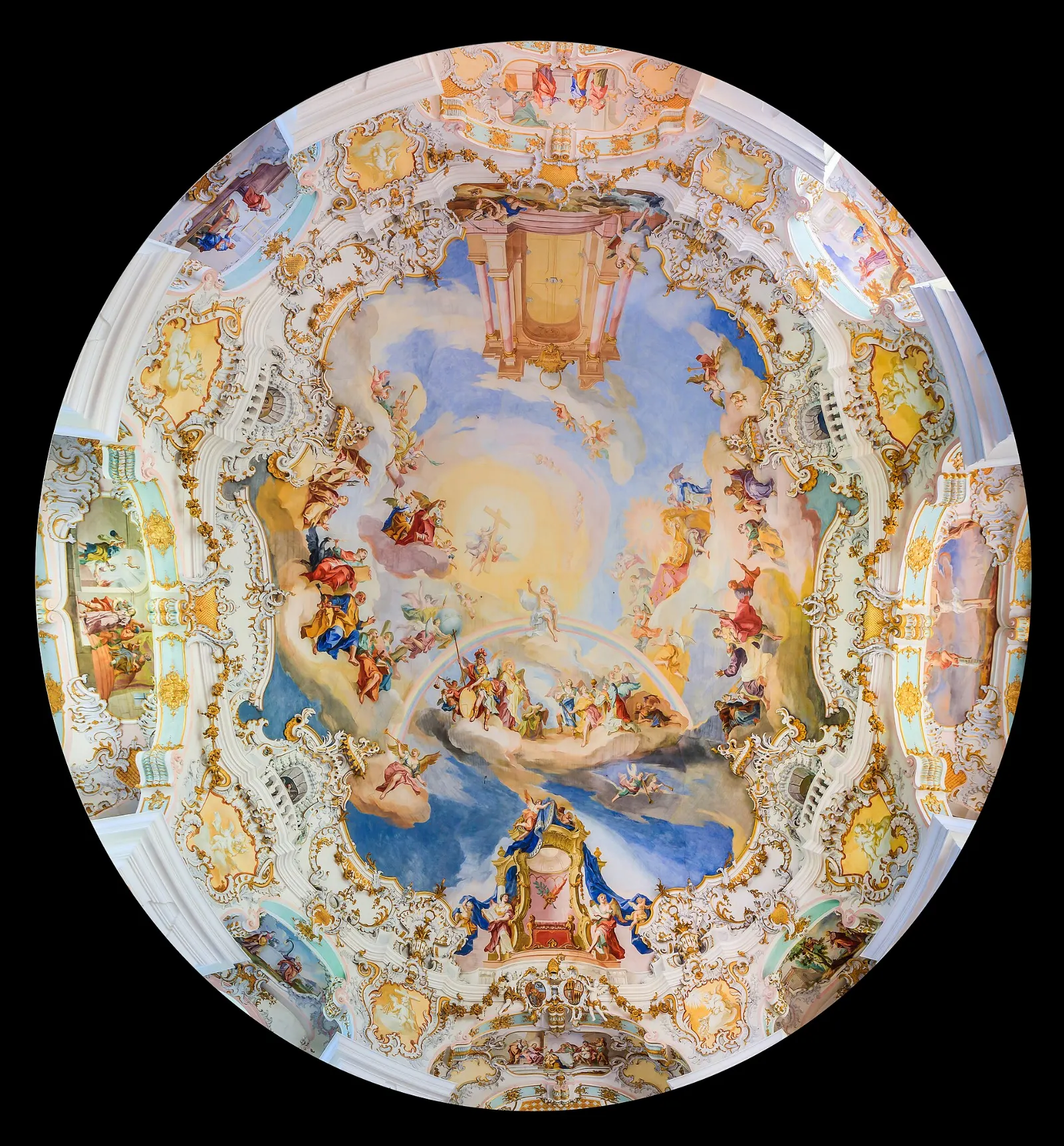 The white and gold rococo interior of the Wieskirche with its painted ceiling, Neuschwanstein and Füssen, Germany