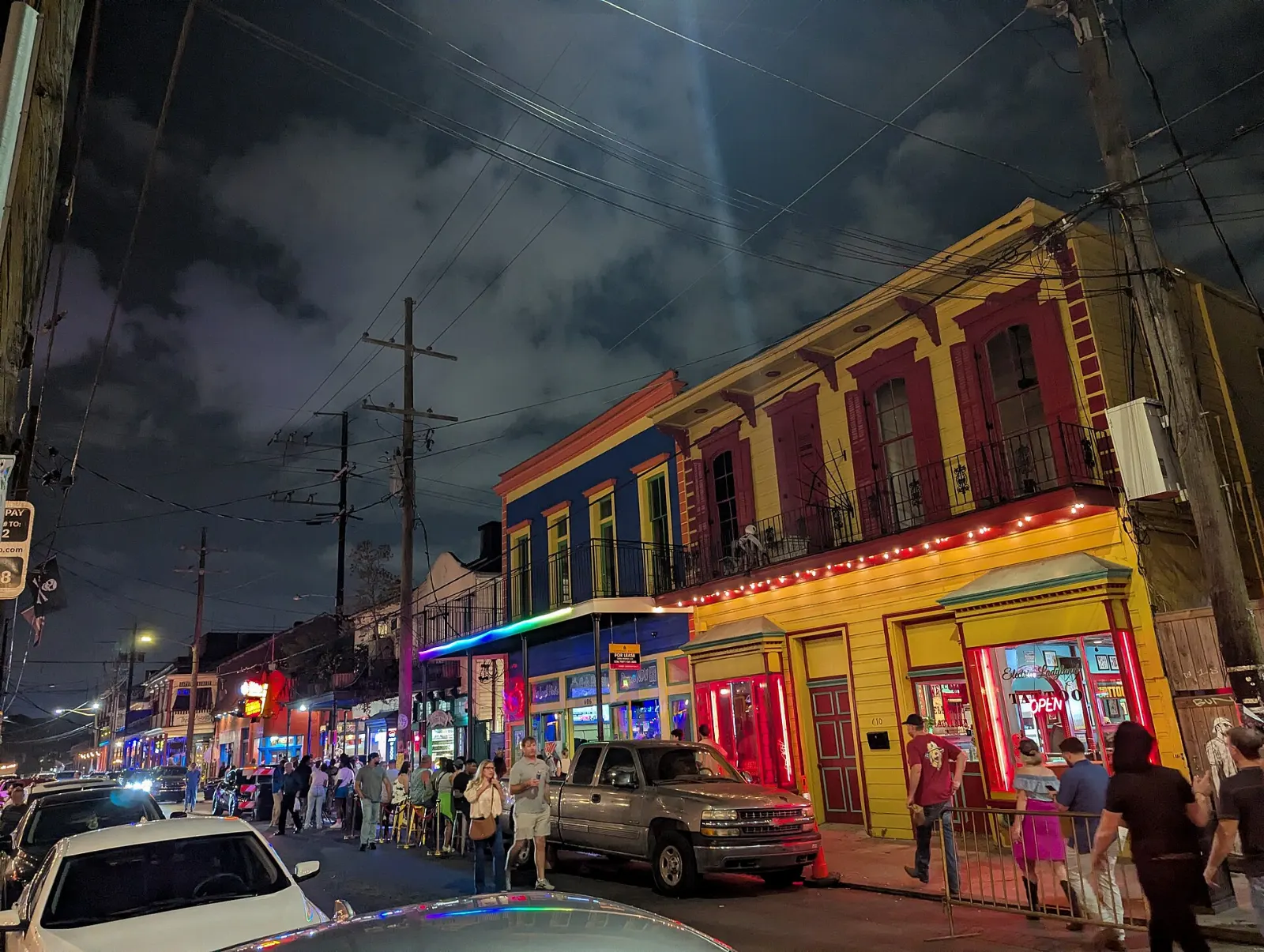 Music clubs and colorful facades along Frenchmen Street in the evening, New Orleans, Louisiana
