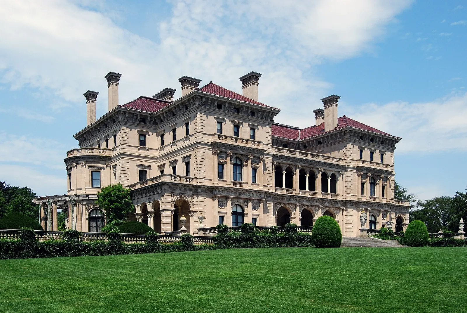 The Breakers mansion facade with its arched loggias and stone terrace, Newport, Rhode Island