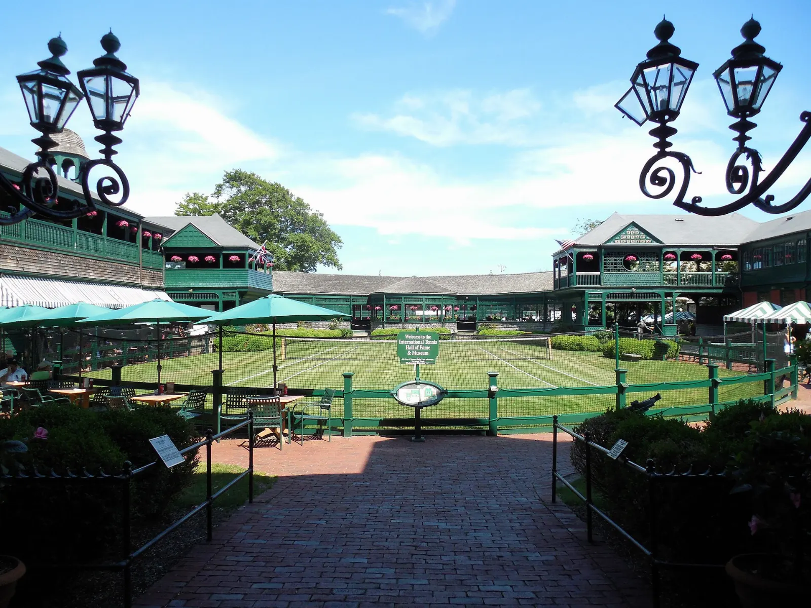 Shingle-style Newport Casino building with grass tennis courts, Rhode Island