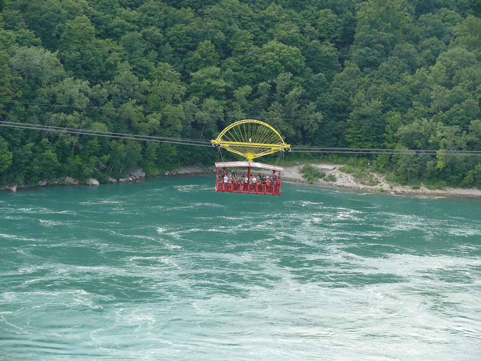 The red Aero Car cable car suspended over the Niagara Whirlpool, Niagara Falls, Ontario