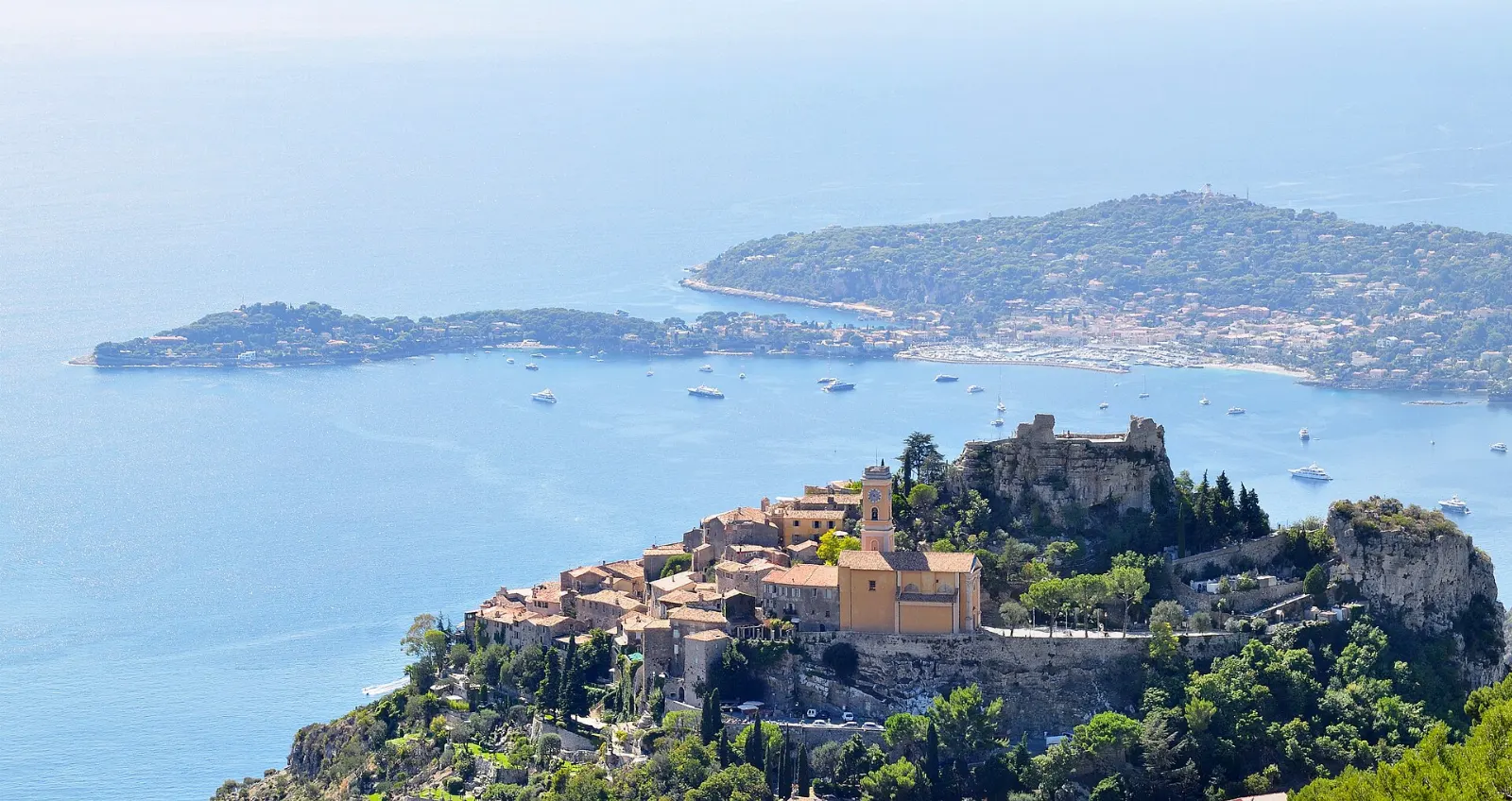 Medieval stone village perched on a rocky peak high above the Mediterranean at Eze, Nice and the French Riviera, France