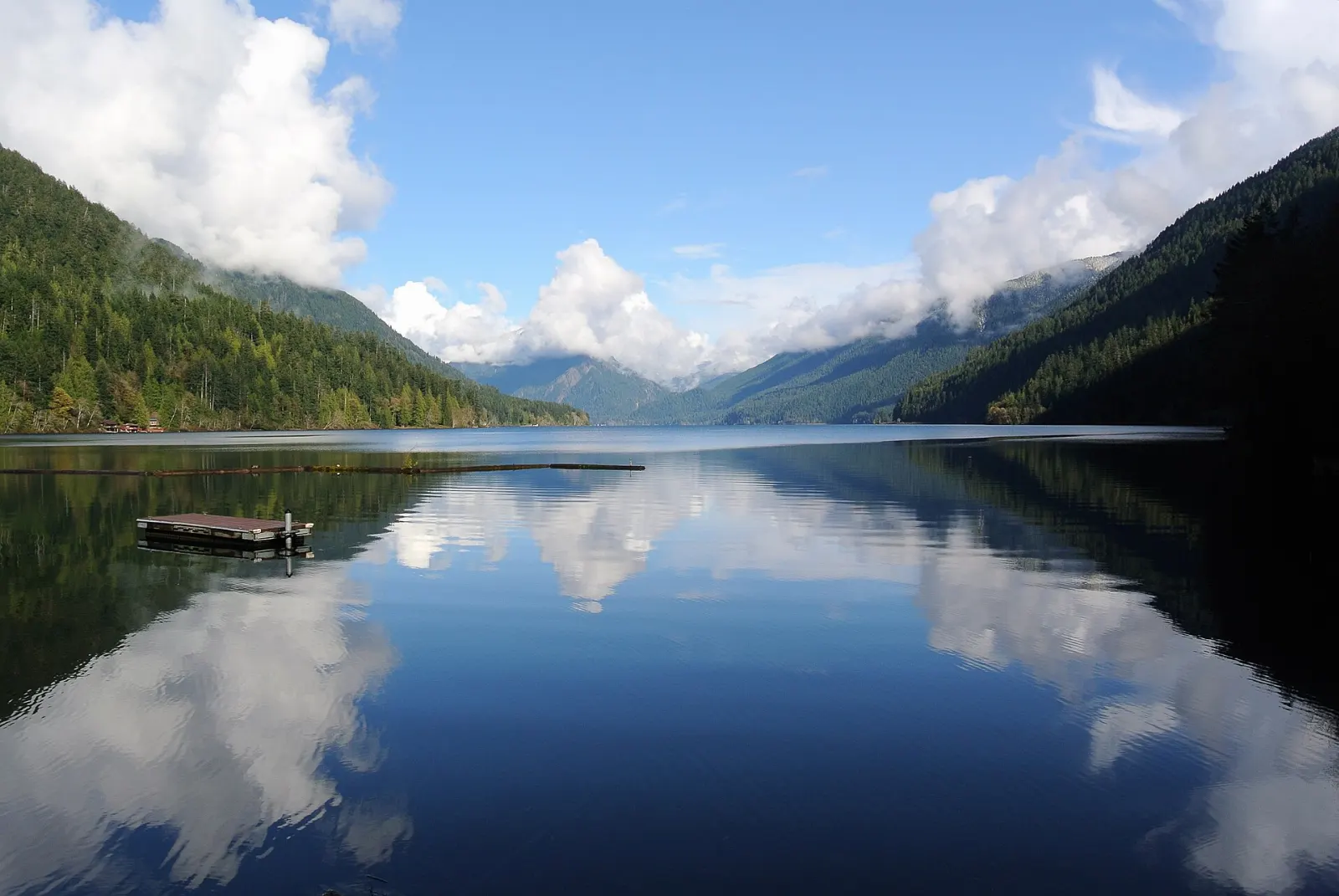 Calm turquoise water of Lake Crescent framed by forested mountain slopes, Olympic National Park, Washington