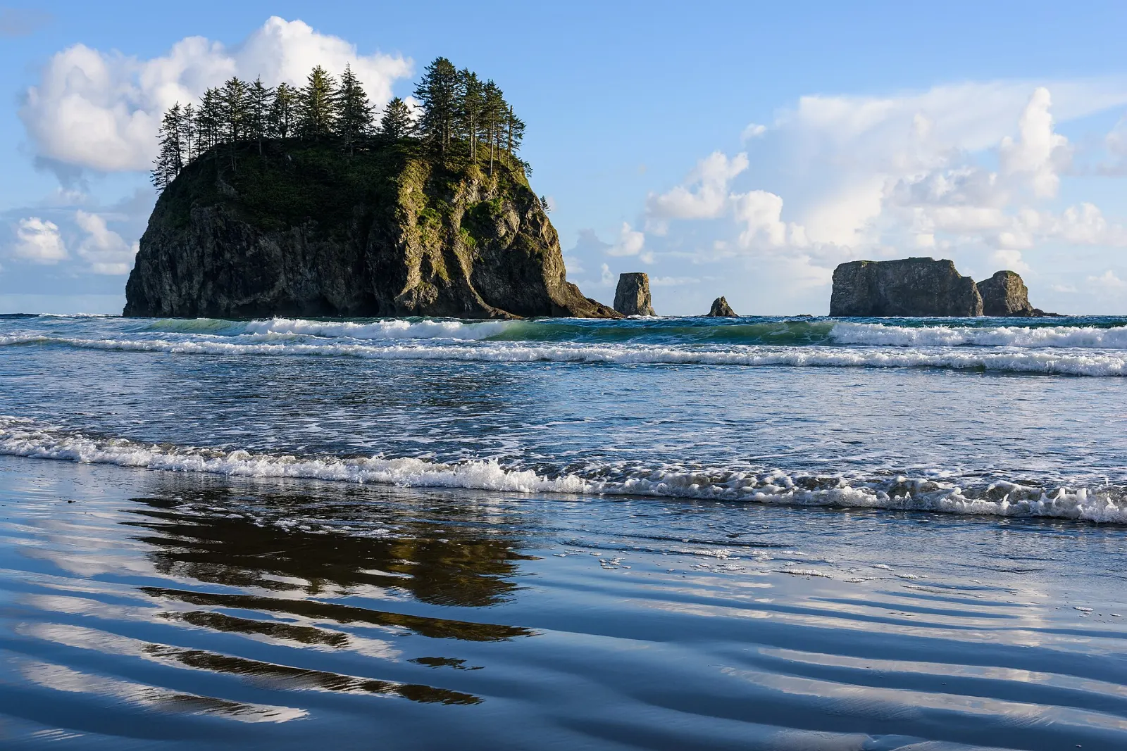 Wide sandy beach with offshore sea stacks at Second Beach near La Push, Olympic National Park, Washington
