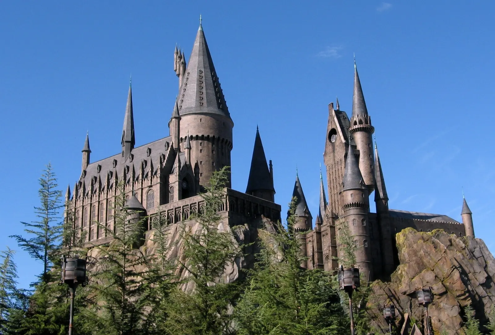 The Hogwarts castle replica above the village of Hogsmeade at Islands of Adventure, Orlando, Florida