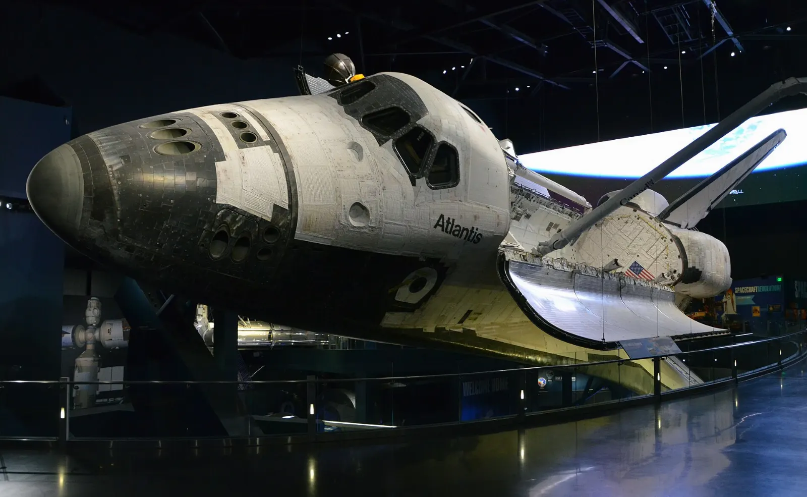 The orbiter Space Shuttle Atlantis displayed with payload bay doors open, Orlando, Florida
