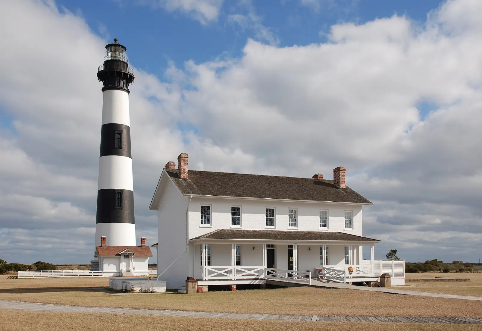 The black and white banded Bodie Island Lighthouse beside the marsh, Outer Banks, North Carolina
