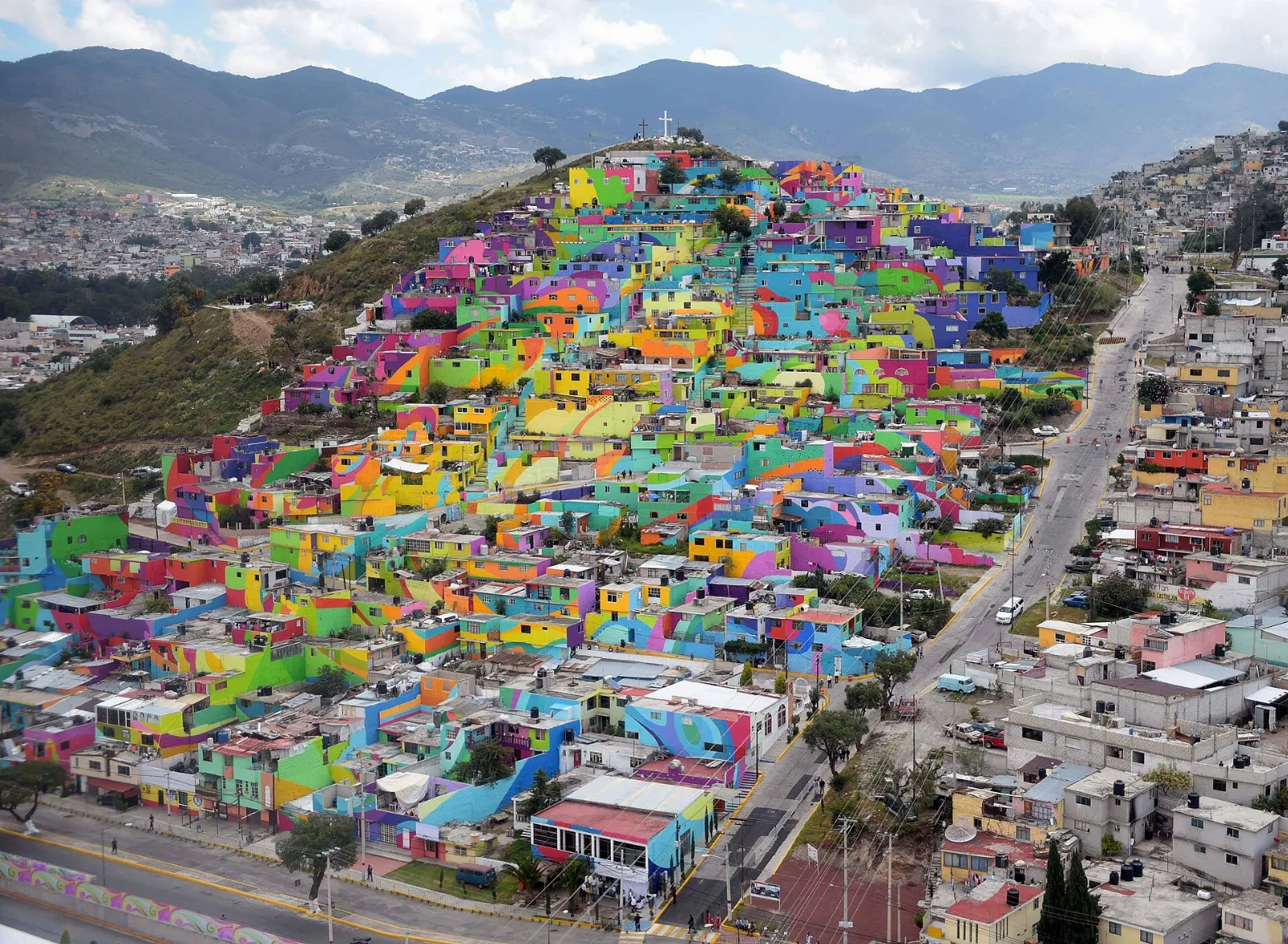 Colorful painted houses of the Macromural in Las Palmitas, Pachuca, Hidalgo