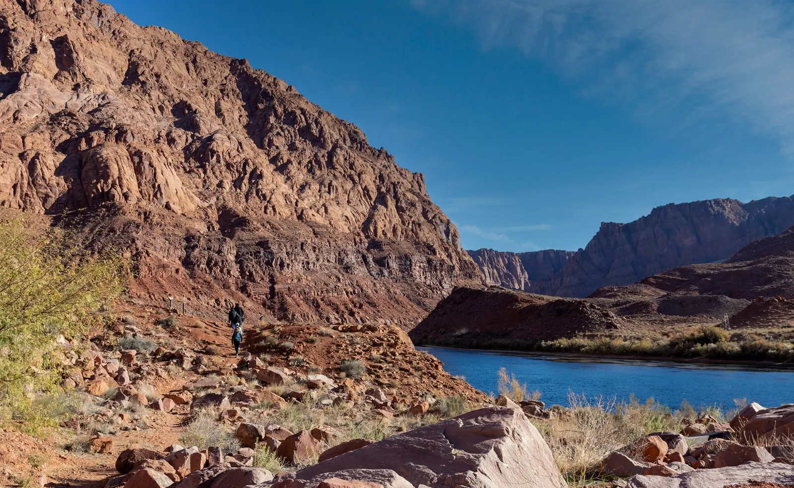 The Colorado River flowing past red cliffs at Lees Ferry, Page (Horseshoe Bend and Antelope Canyon), Arizona