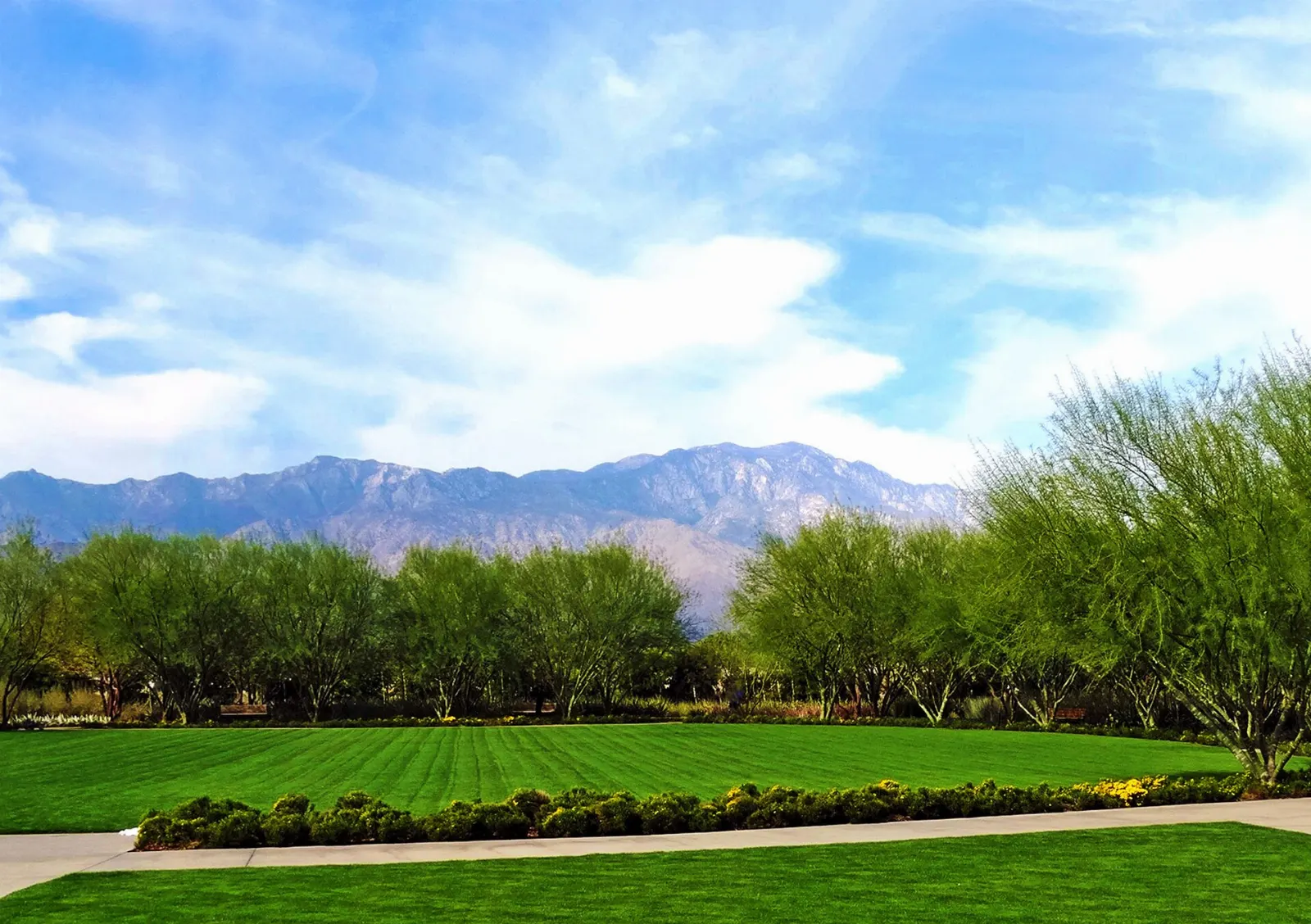 Desert gardens and the modernist visitor center at Sunnylands in Rancho Mirage, Palm Springs, California