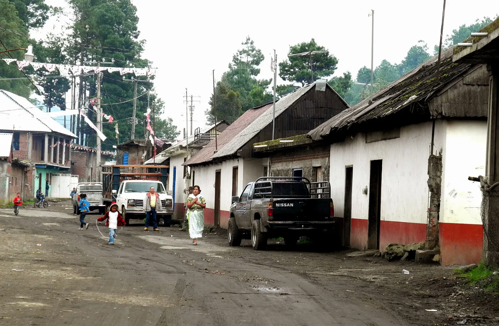 Wooden houses and street in the Purépecha village of Angahuan, Paricutín, Michoacán