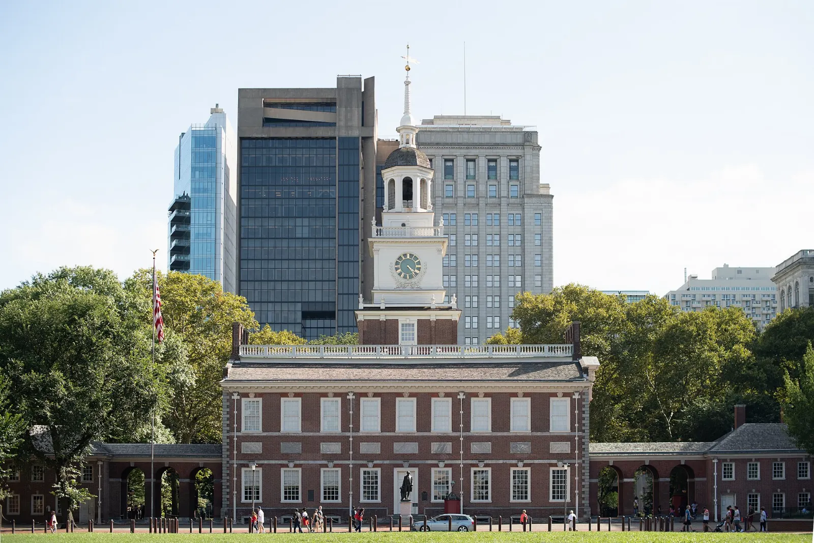 The red brick Independence Hall with its white clock tower and steeple, Philadelphia, Pennsylvania