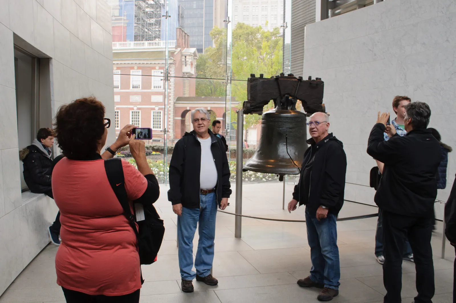 The Liberty Bell with its famous crack displayed inside the Liberty Bell Center, Philadelphia, Pennsylvania