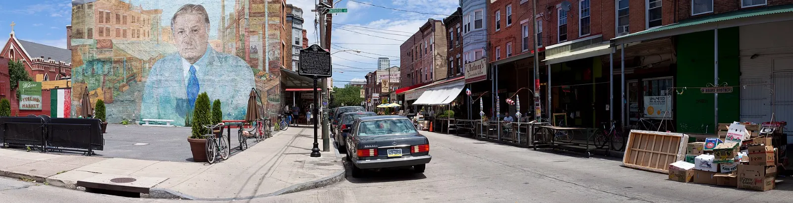 Produce stands with awnings along South Ninth Street in the Italian Market, Philadelphia, Pennsylvania