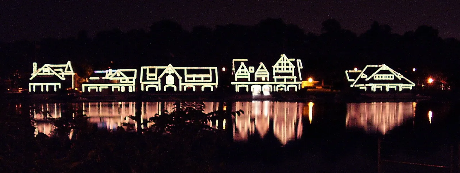 Historic boathouses outlined in lights along the Schuylkill River at night, Philadelphia, Pennsylvania