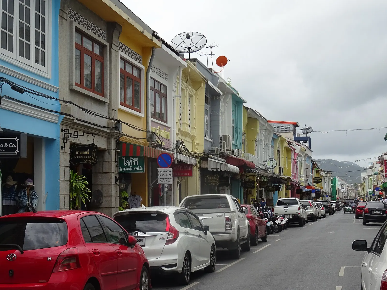 Colorful Sino-Portuguese shophouses lining Thalang Road in Phuket Old Town, Thailand