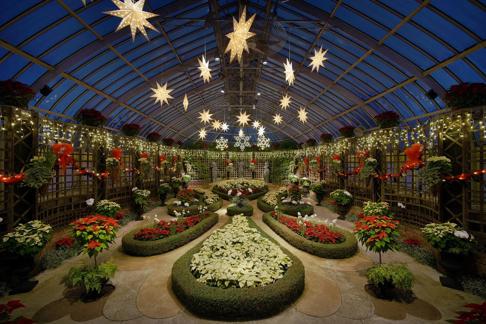 A Victorian glass conservatory with domes set among gardens, Pittsburgh, Pennsylvania