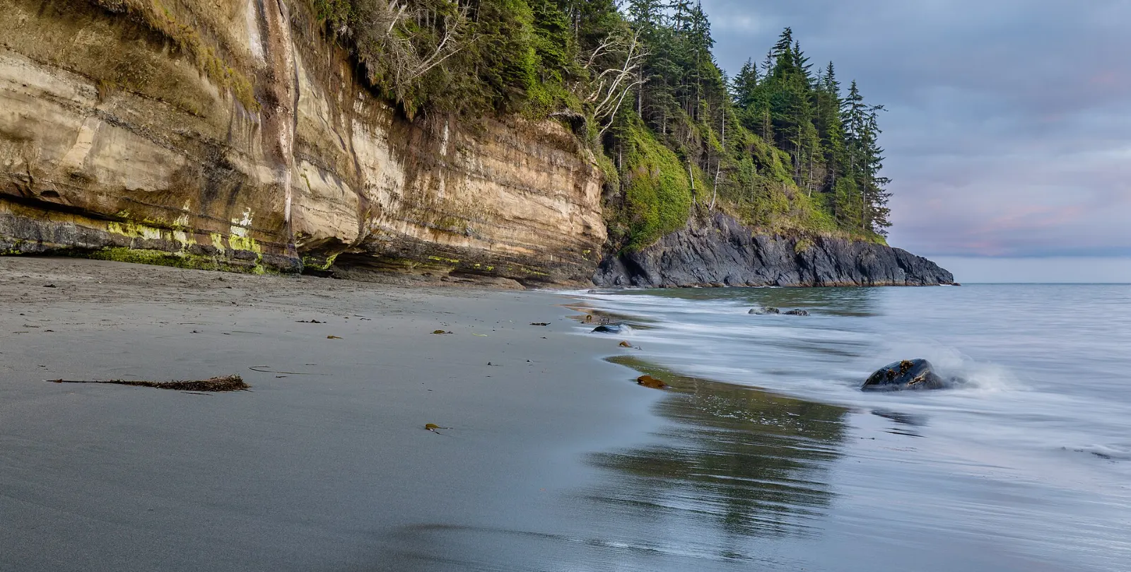 Cliffs and shoreline at Mystic Beach, Port Renfrew, British Columbia