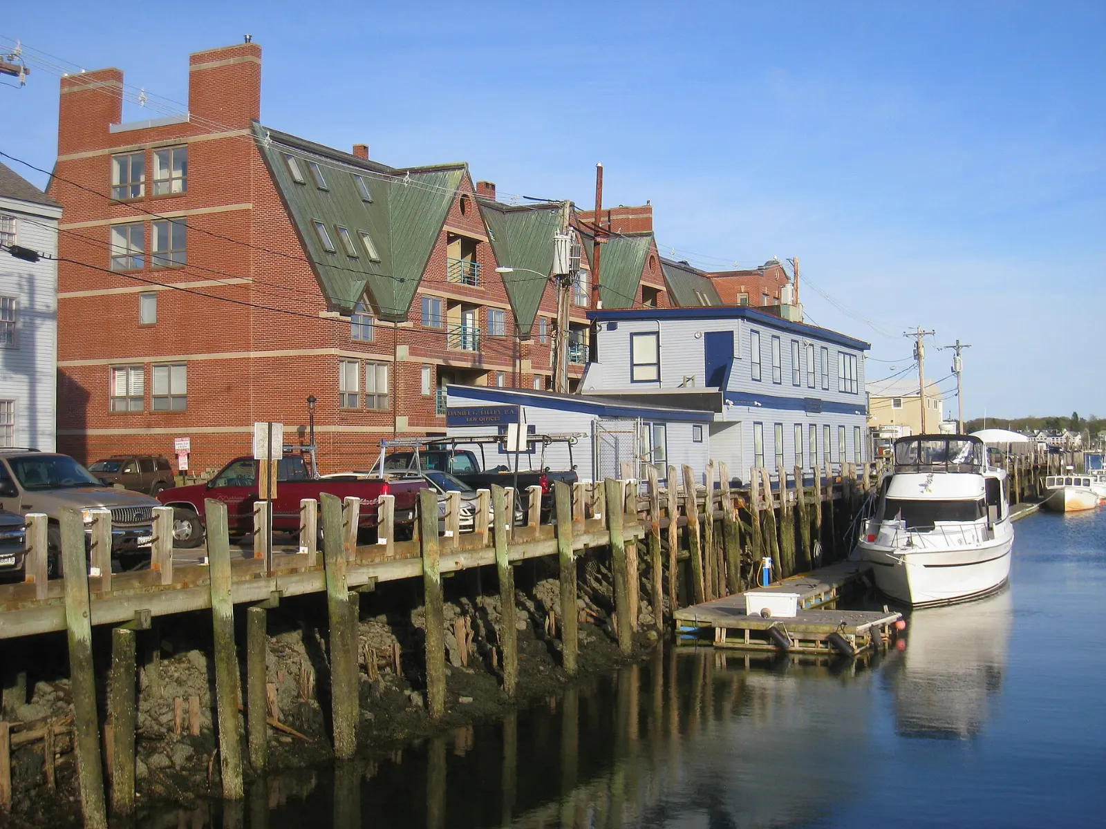Brick nineteenth-century buildings and brick sidewalks along a street in the Old Port, Portland, Maine