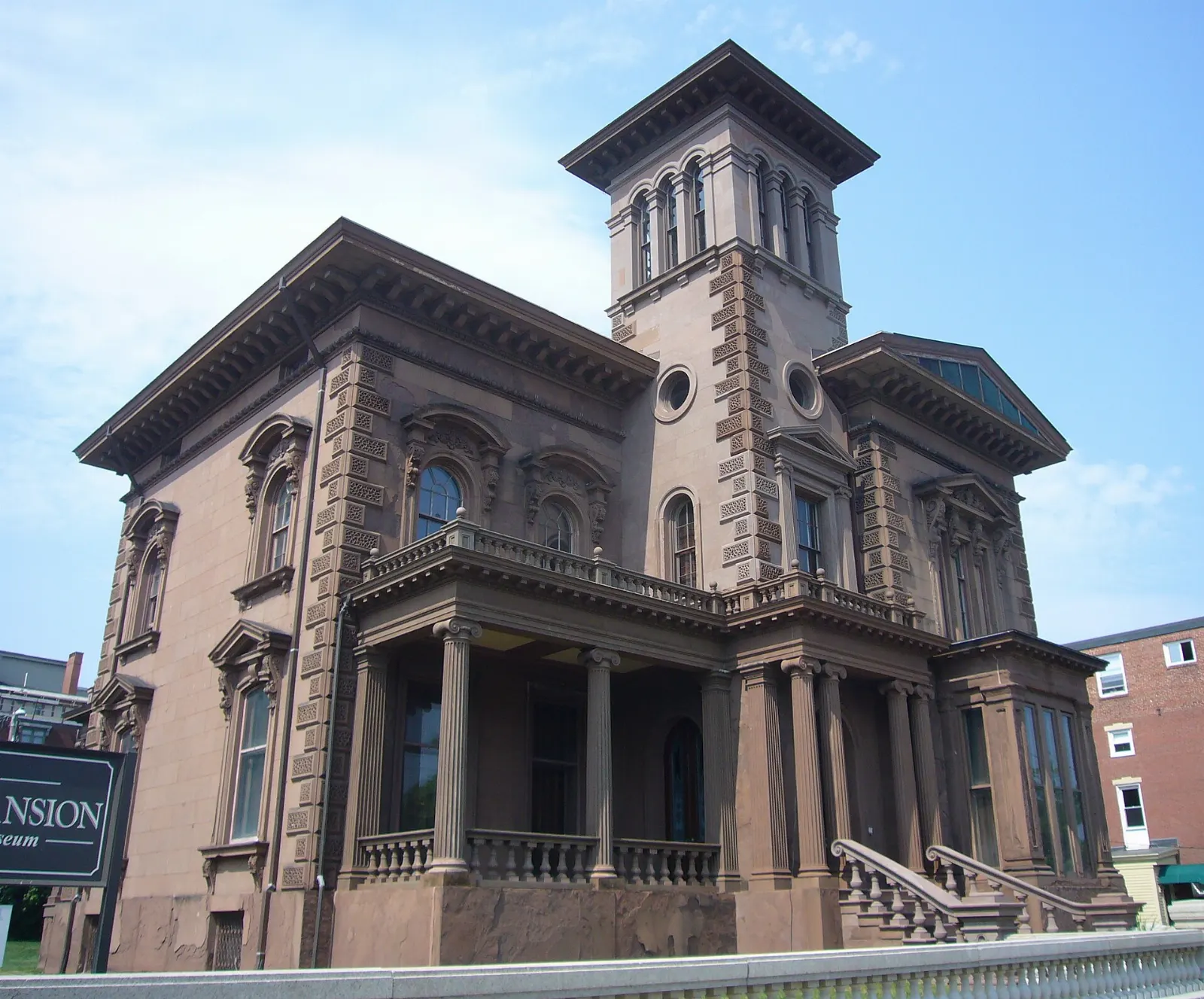 Brownstone Italianate villa of Victoria Mansion with a square central tower, Portland, Maine