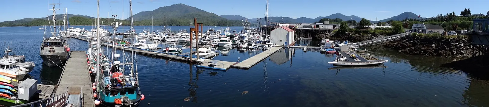Small boats and waterfront buildings at Cow Bay in Prince Rupert, British Columbia