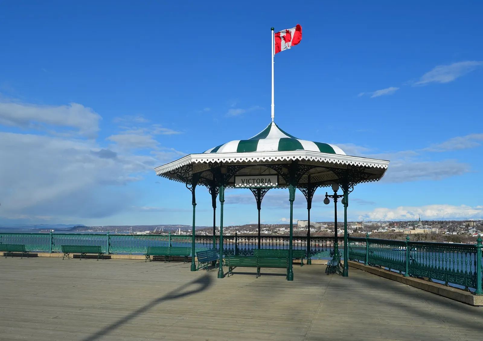 The wide boardwalk of Dufferin Terrace with its pavilions beside the Chateau Frontenac, Quebec City, Canada