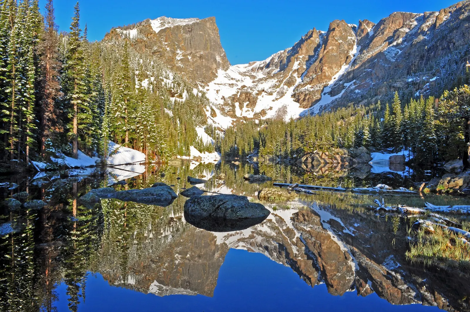 Dream Lake with Hallett Peak reflected in its still water, Rocky Mountain National Park, Colorado