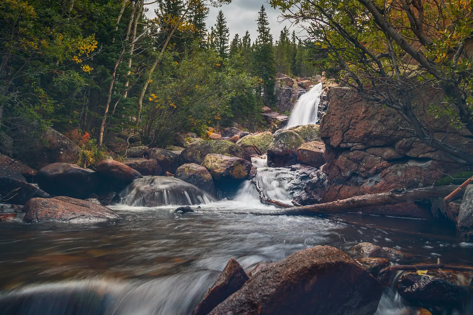 Alberta Falls cascading over granite along Glacier Creek, Rocky Mountain National Park, Colorado