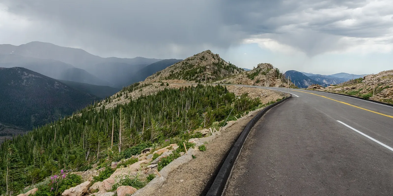 Trail Ridge Road winding across alpine tundra above treeline, Rocky Mountain National Park, Colorado