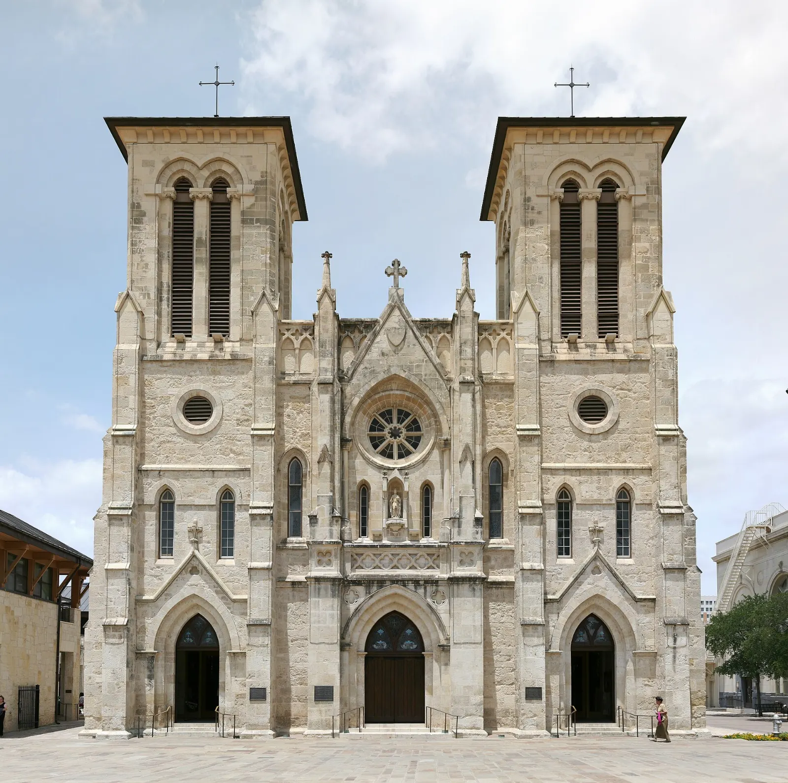 Gothic Revival facade of San Fernando Cathedral facing Main Plaza, San Antonio, Texas