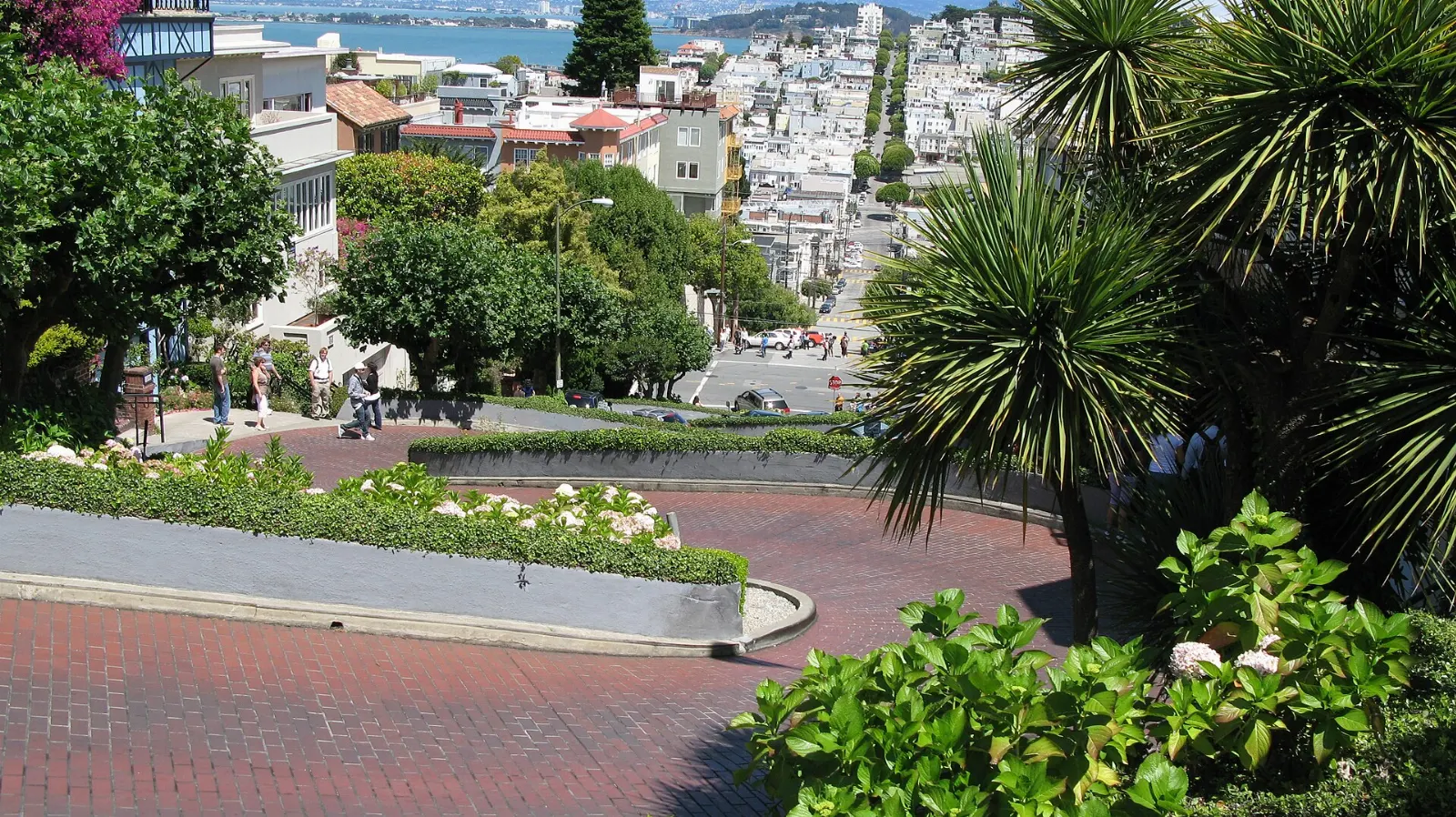 The hairpin turns of Lombard Street lined with flowerbeds on Russian Hill, San Francisco, California