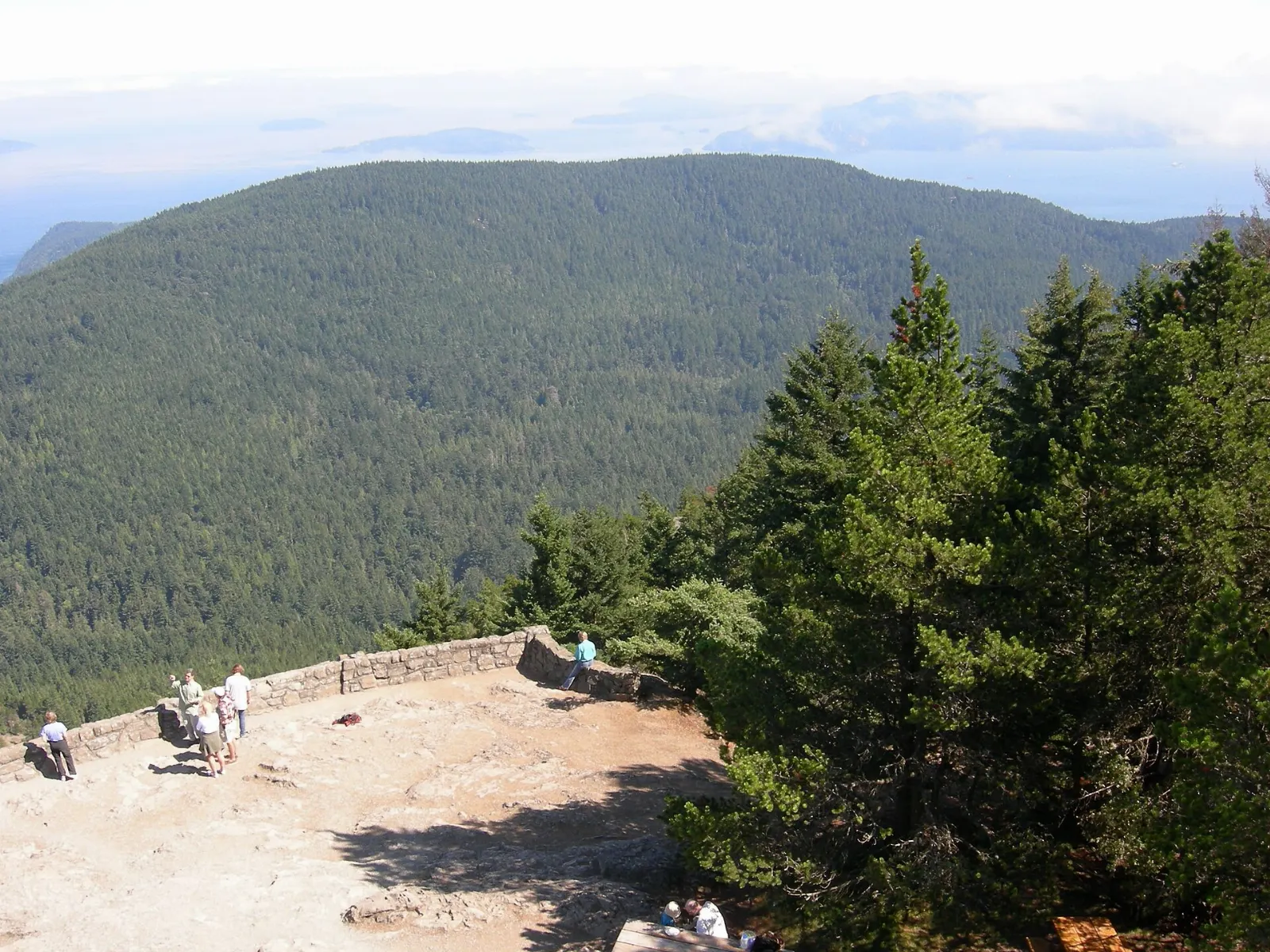 Stone observation tower on the summit of Mount Constitution surrounded by trees, San Juan Islands, Washington