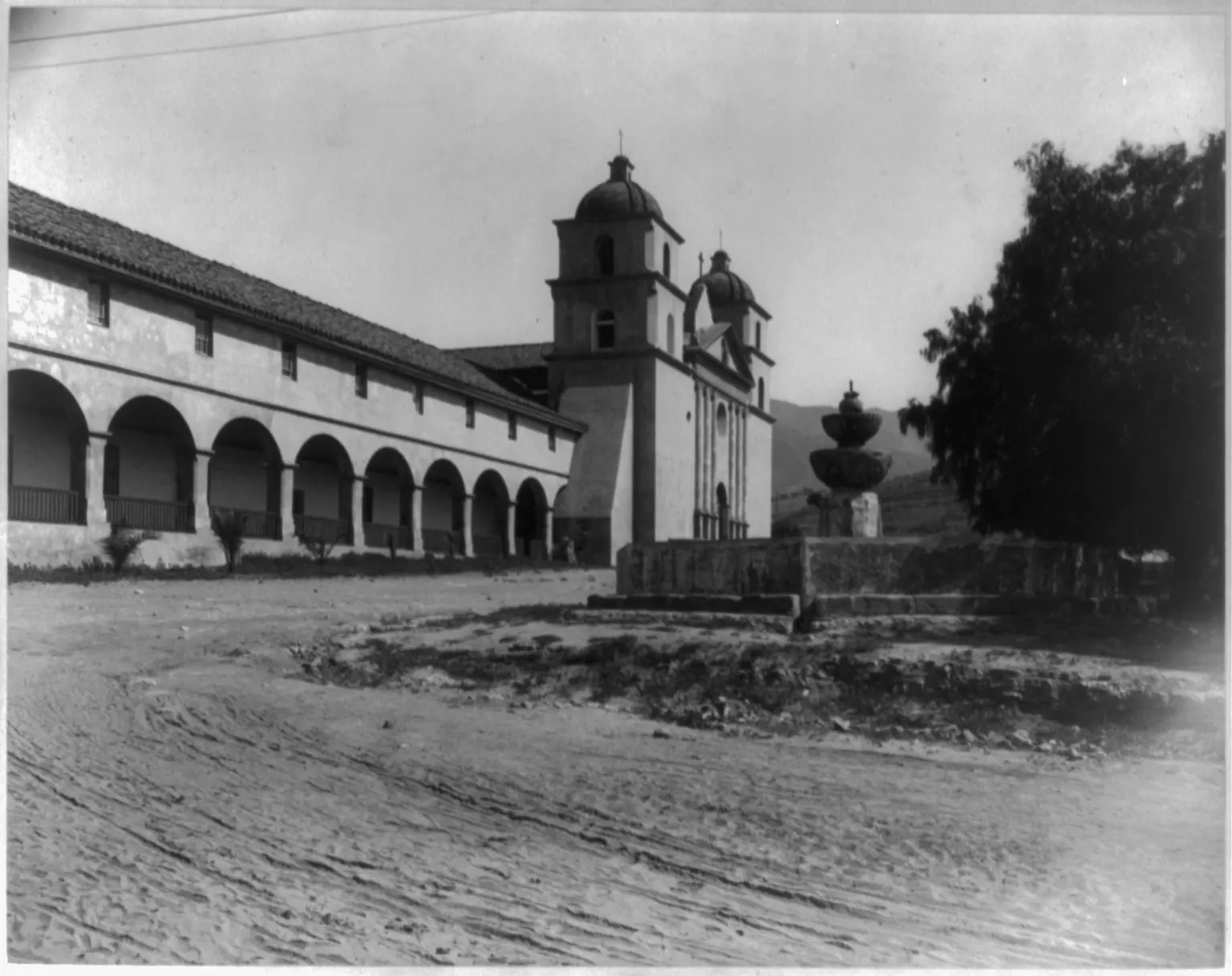 Twin bell towers and classical facade of the Old Mission Santa Barbara, California
