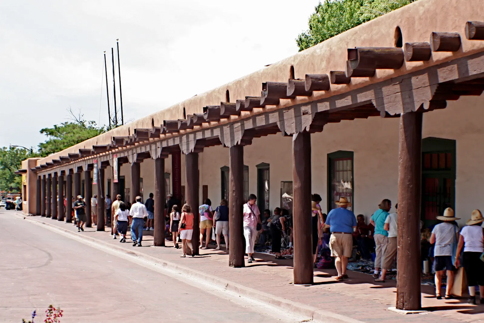 The long adobe portal of the Palace of the Governors facing Santa Fe Plaza, New Mexico