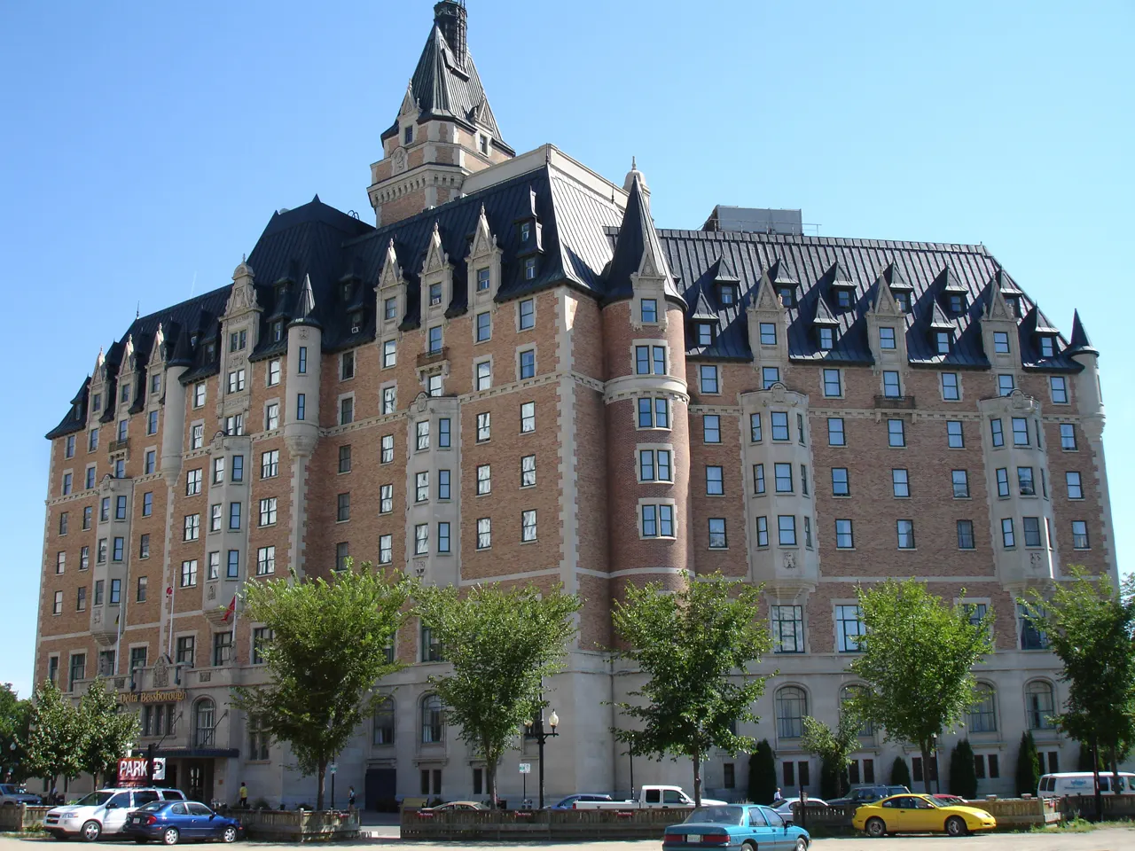 The castle-like Delta Bessborough hotel beside the river in Saskatoon, Saskatchewan
