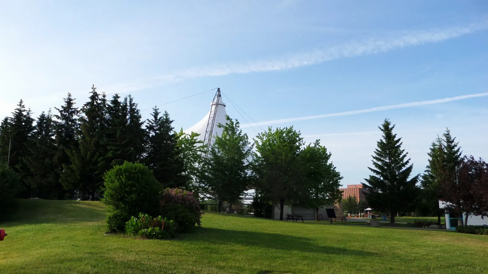 Riverfront boardwalk and park beside the St. Marys River, Sault Ste. Marie, Ontario